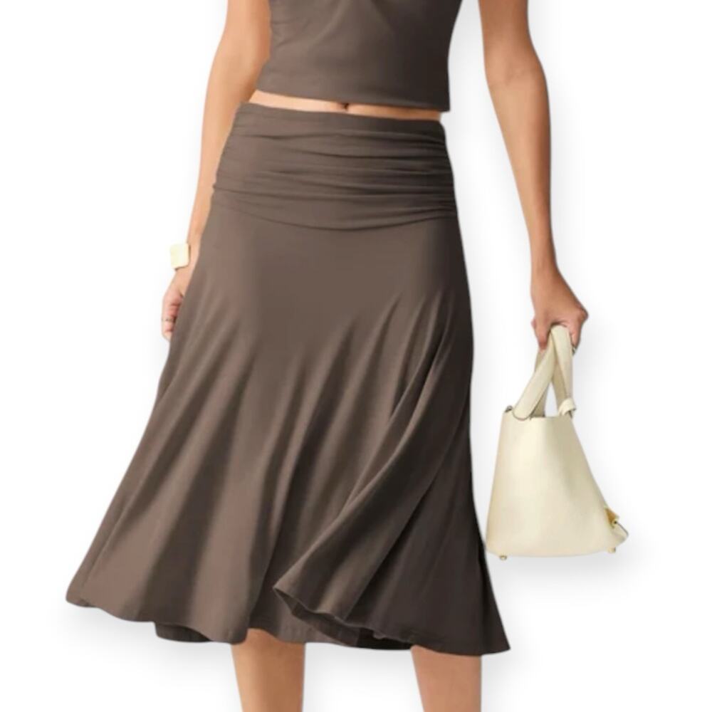 NWT OGL Eco Skin Kiss Flowy Side Ruched A-line Midi Skirt Size Small Iced Mocha